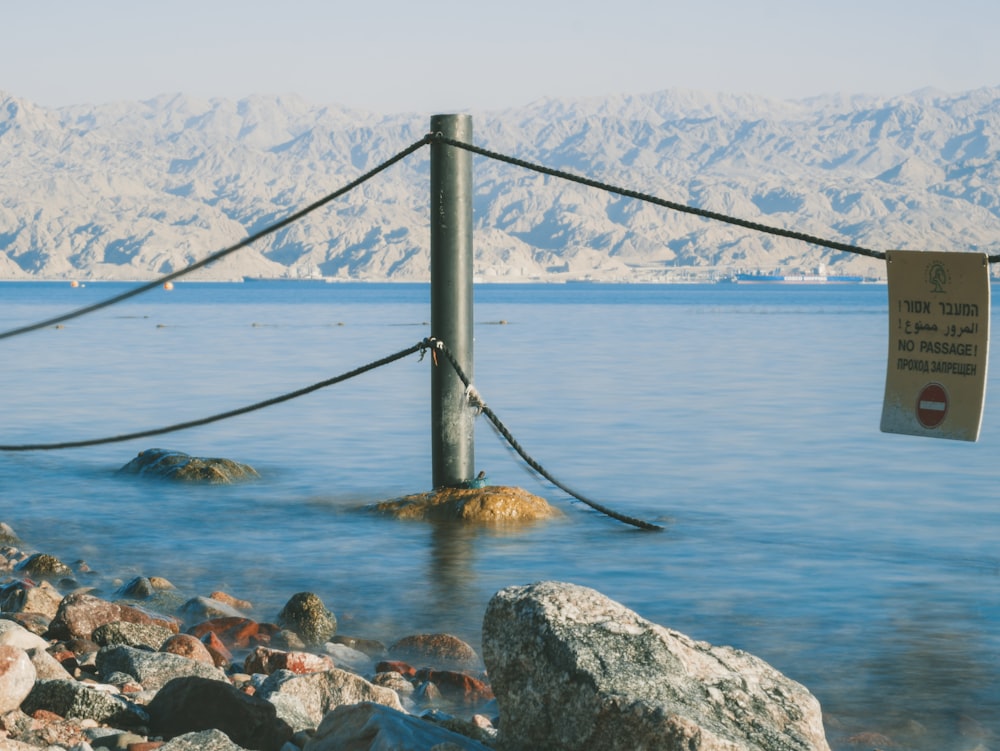 grey metal pole in body of water with signage