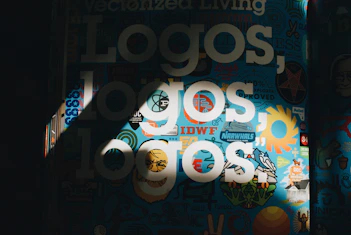 Dark-themed mood board featuring logos, color palettes, and typography samples.