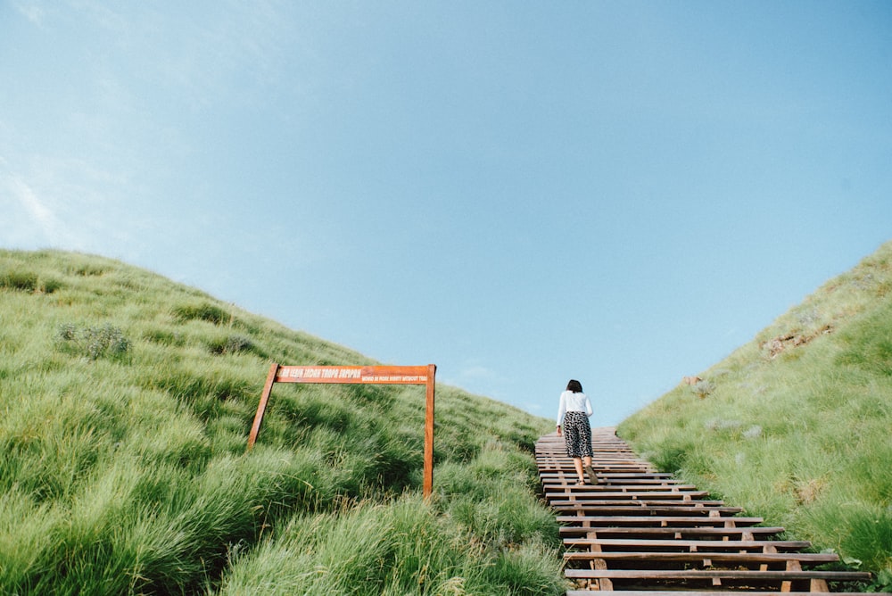 woman walking up on wooden staircase on grass covered mountain during day