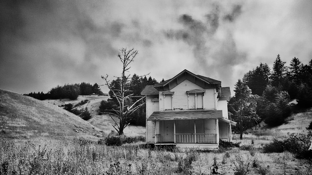 grayscale photography of wooden house
