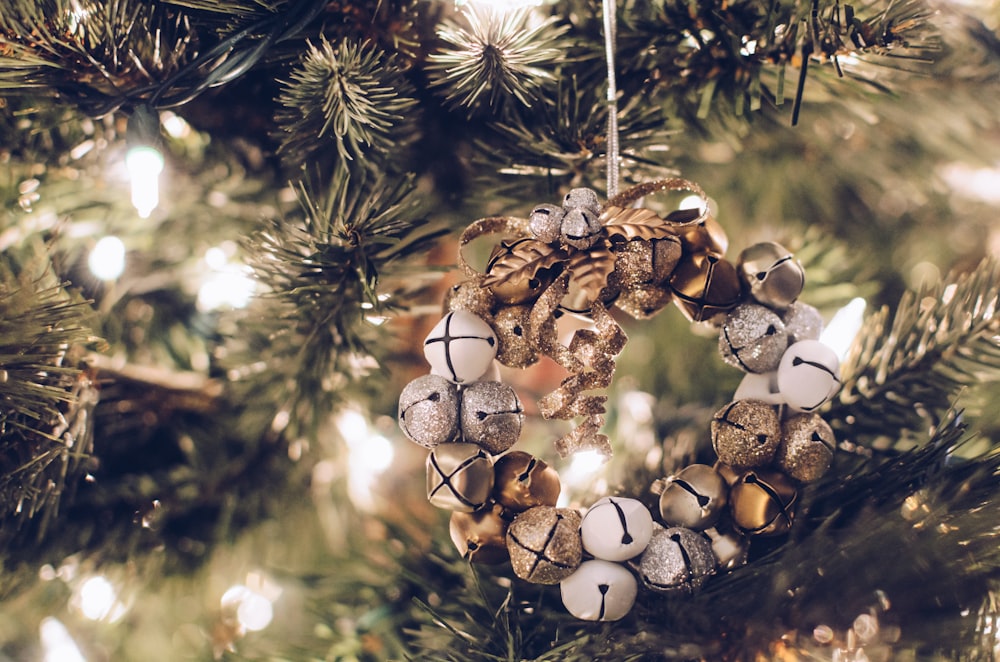 brown and brass-colored bauble hanging decor