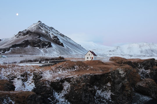 brown and white concrete house with distance to brown mountain in Arnarstapi Iceland