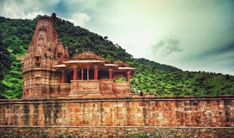 Ancient stone carvings on the walls of a historic temple nestled among the hills.