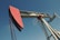 A large metal oil pumpjack with a red rotary head is set against a clear blue sky. The structure includes metal beams, cables, and a ladder. The machinery shows signs of wear with visible rust and peeling paint.