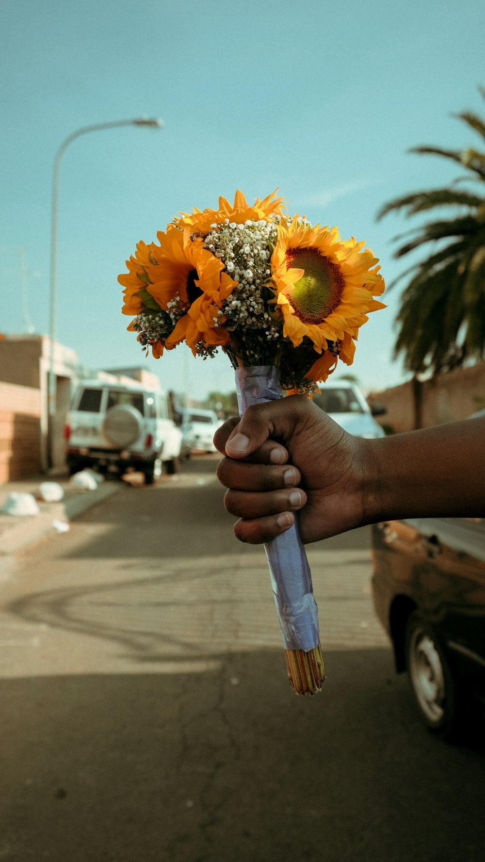 Person hält Sonnenblumenstrauß an der Hand