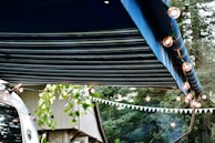 A striped blue awning extends over a scene decorated with string lights. A trailer with a reflective surface is partially visible, alongside some leafy branches and a building. A forest background adds to the outdoor atmosphere.