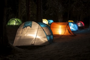 Several brightly lit tents are set up in a dark, wooded area, creating a colorful display against the night backdrop. The tents vary in colors, including shades of blue, orange, green, and red, and they are surrounded by tall, shadowy trees and a dusting of snow on the ground.