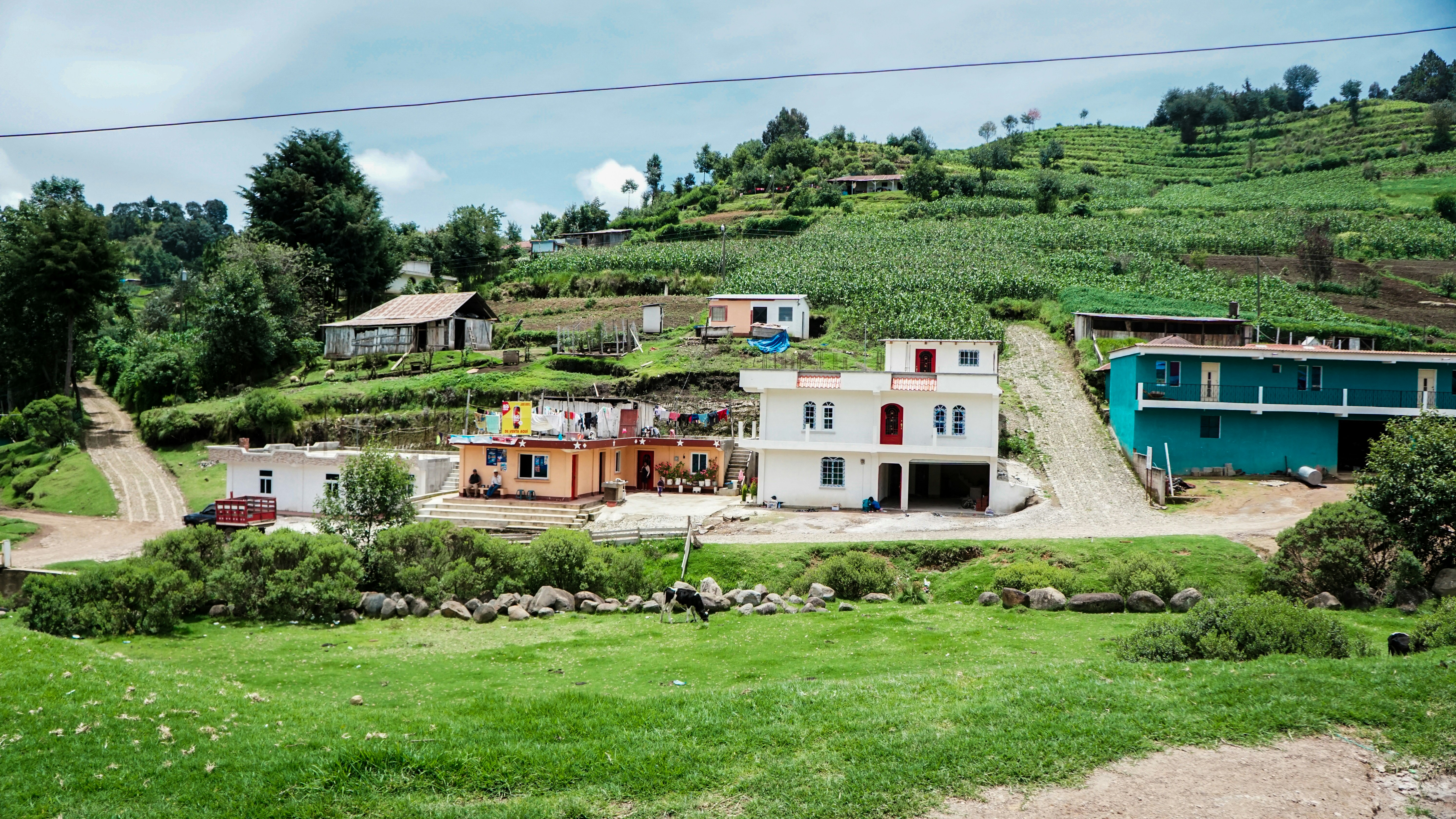 assorted-color buildings near green farmland during daytime