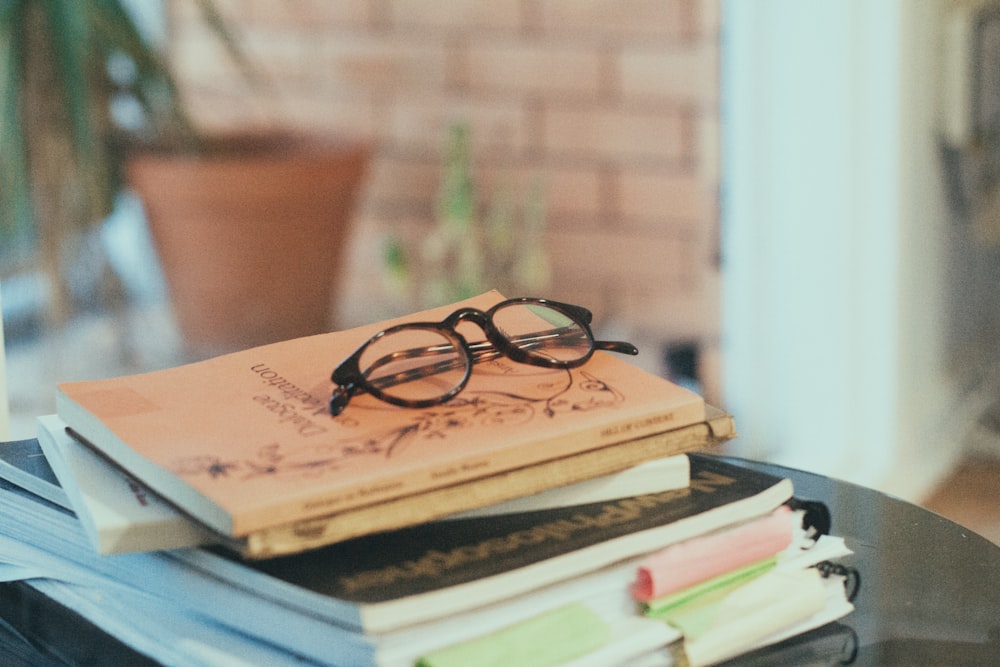 books pile on table