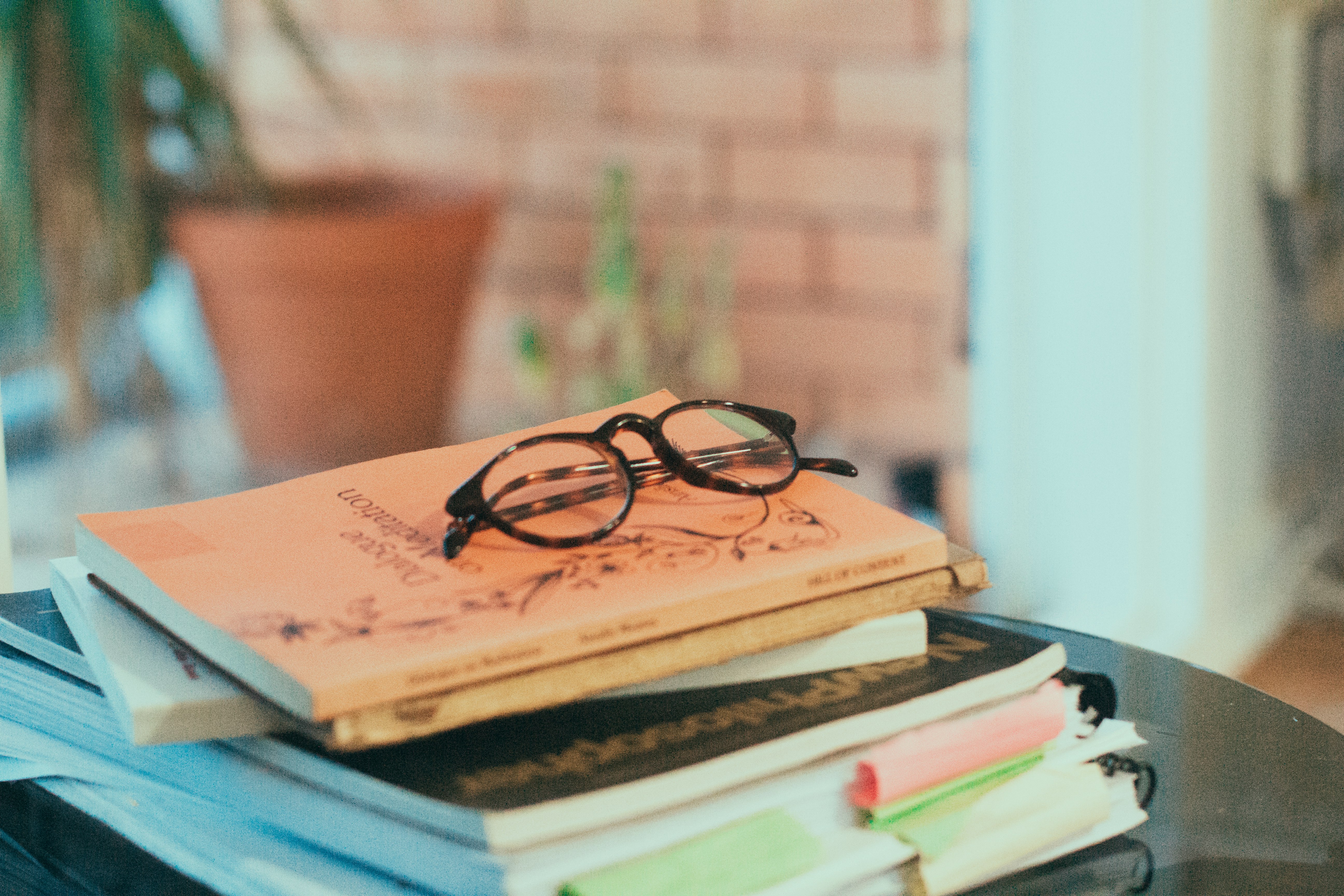 books pile on table