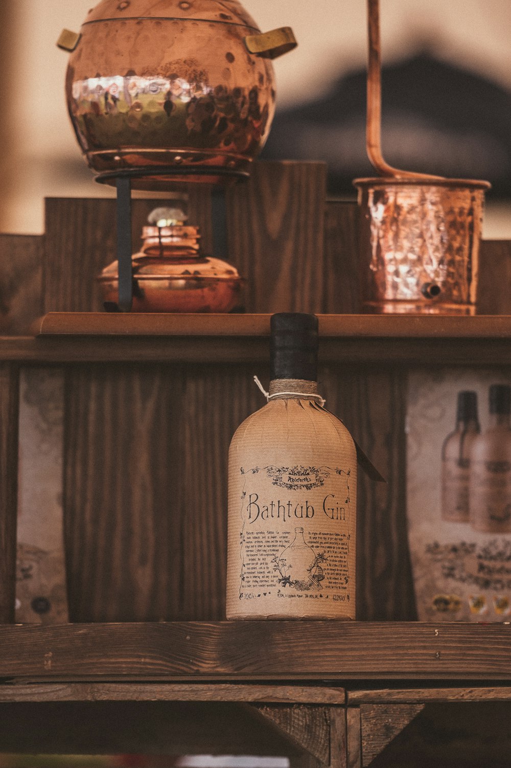 Bathtub Gin bottle on brown wooden surface