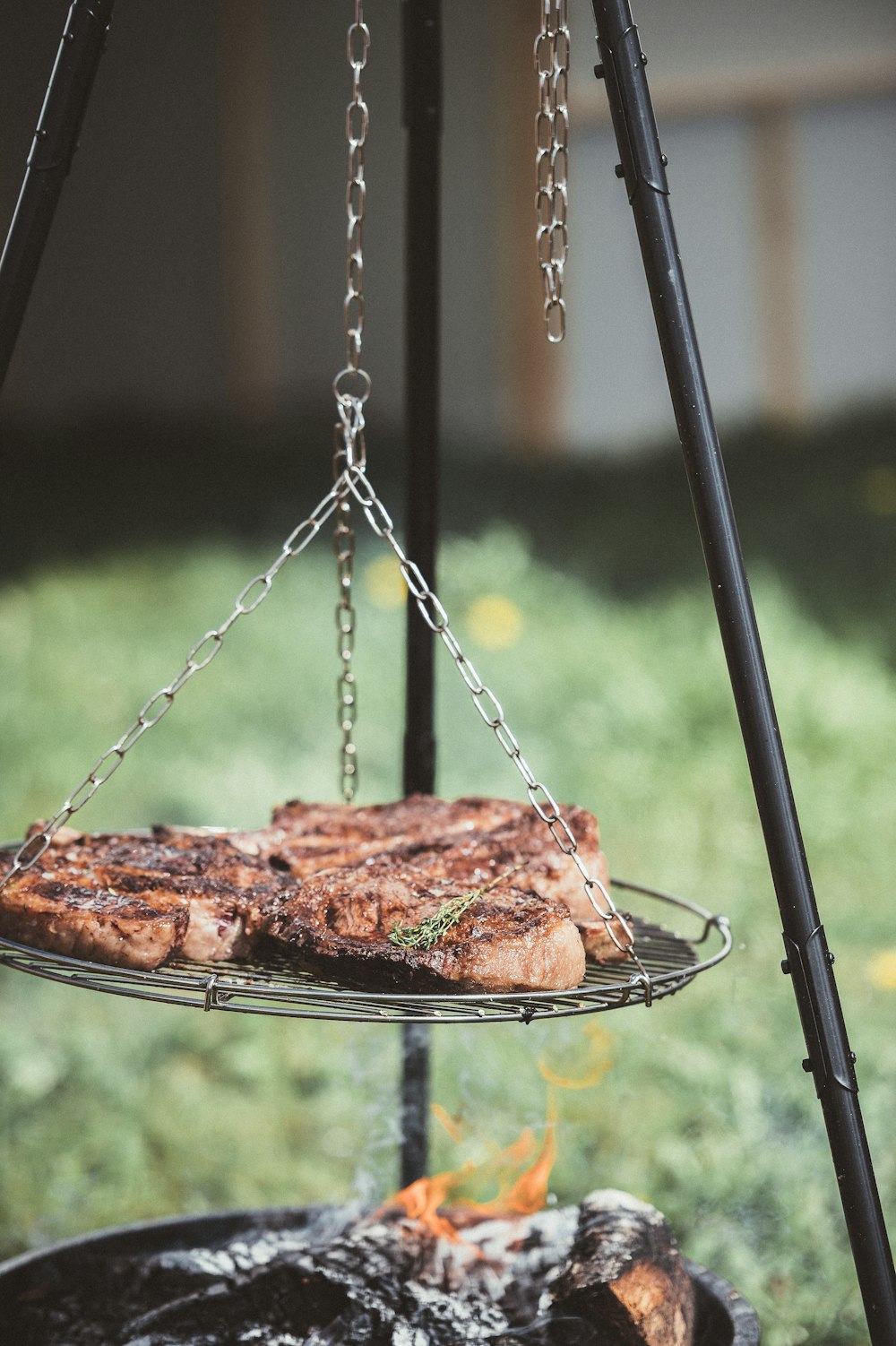 three grilled meat on silver steel grill