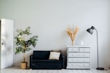 dresser beside sofa