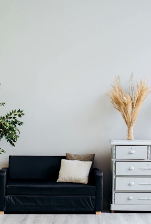 dresser beside sofa