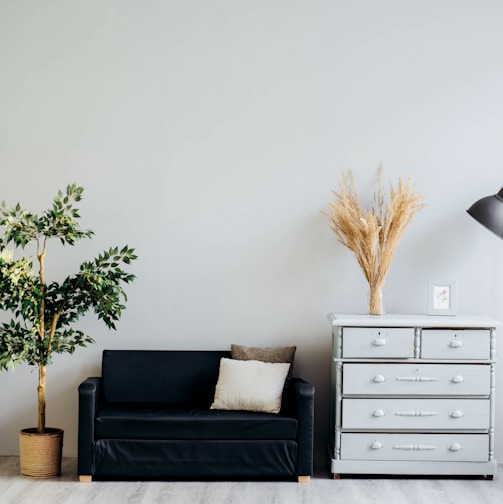 dresser beside sofa