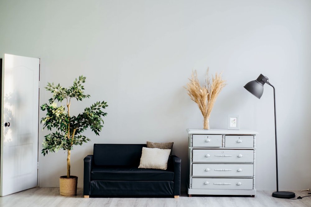 dresser beside sofa