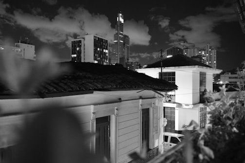 A black and white cityscape captures a mix of old and new architecture. In the foreground, there is a traditional building with a tiled roof and ornate columns. Behind, modern skyscrapers loom in the distance, reaching into a cloudy night sky. Vegetation is blurred in the bottom left corner, adding a sense of depth.