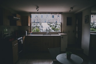 A dimly lit kitchen with wooden cabinets and an L-shaped countertop featuring a sink in front of a large window. The window has a patterned curtain and offers a view of trees outside. A small table with a plant on top is visible in the foreground.