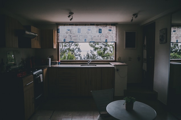 A dimly lit kitchen with wooden cabinets and an L-shaped countertop featuring a sink in front of a large window. The window has a patterned curtain and offers a view of trees outside. A small table with a plant on top is visible in the foreground.