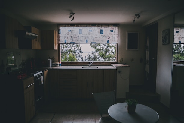 A dimly lit kitchen with wooden cabinets and an L-shaped countertop featuring a sink in front of a large window. The window has a patterned curtain and offers a view of trees outside. A small table with a plant on top is visible in the foreground.