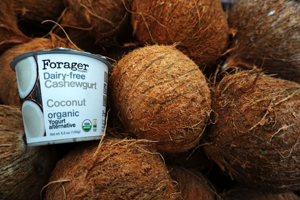 Several coconuts with rough, brown husks are piled closely together. A container of Forager Project Dairy-free Cashewgurt Coconut Yogurt alternative is placed in front, prominently displaying its label and branding.