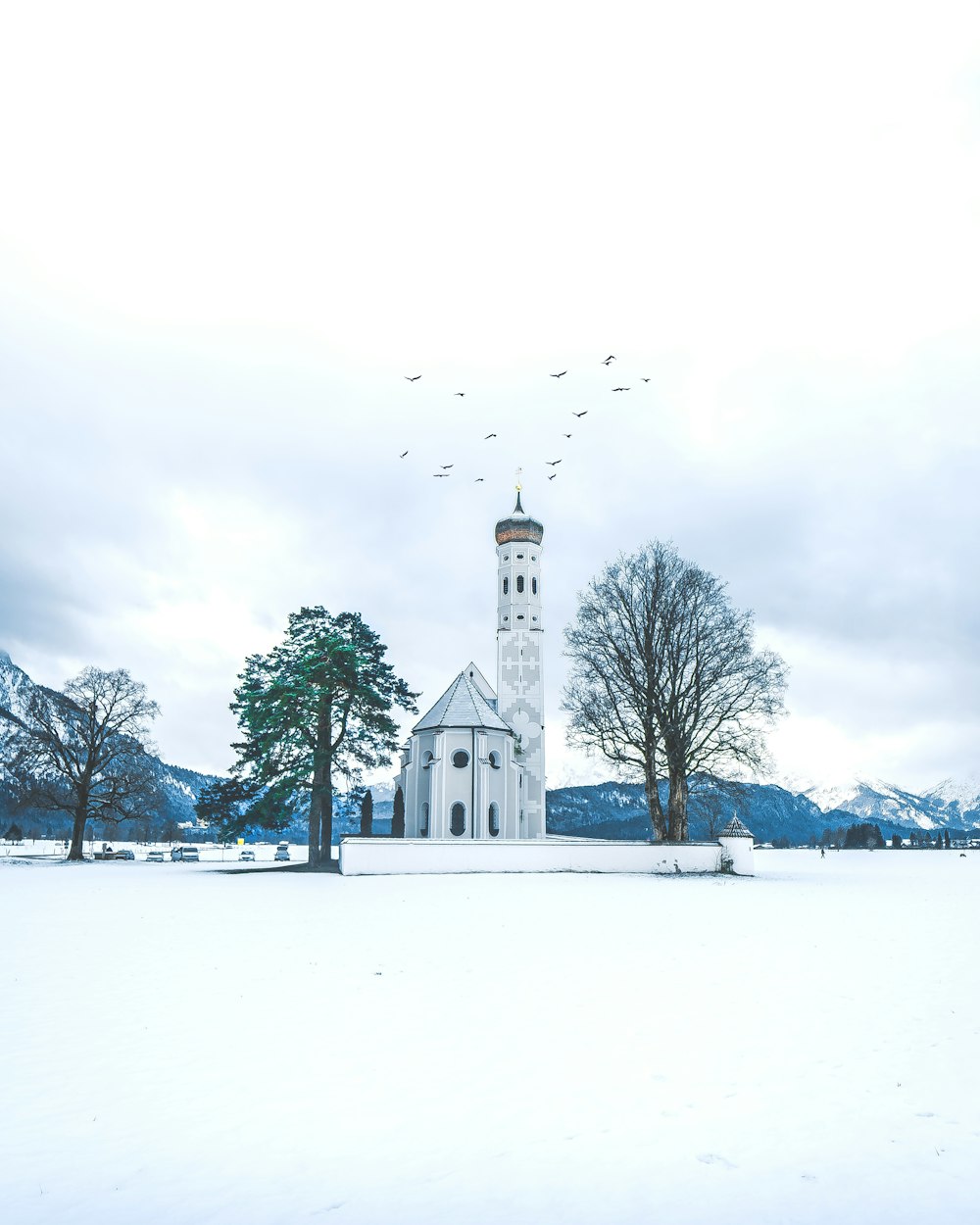 snow covered filed with cathedral