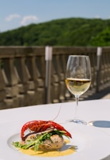 A gourmet dish featuring a lobster on top of seasoned fish and greens, elegantly plated with a creamy sauce. A glass of white wine accompanies the meal, set against an outdoor backdrop with blurred foliage and a stone railing.