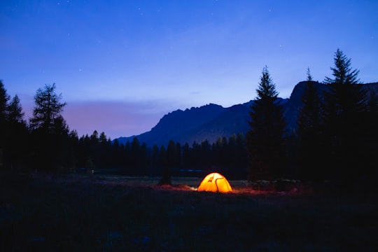 orange dome tent surrounded by silhouette of trees at blue hour in Dolomites Italy