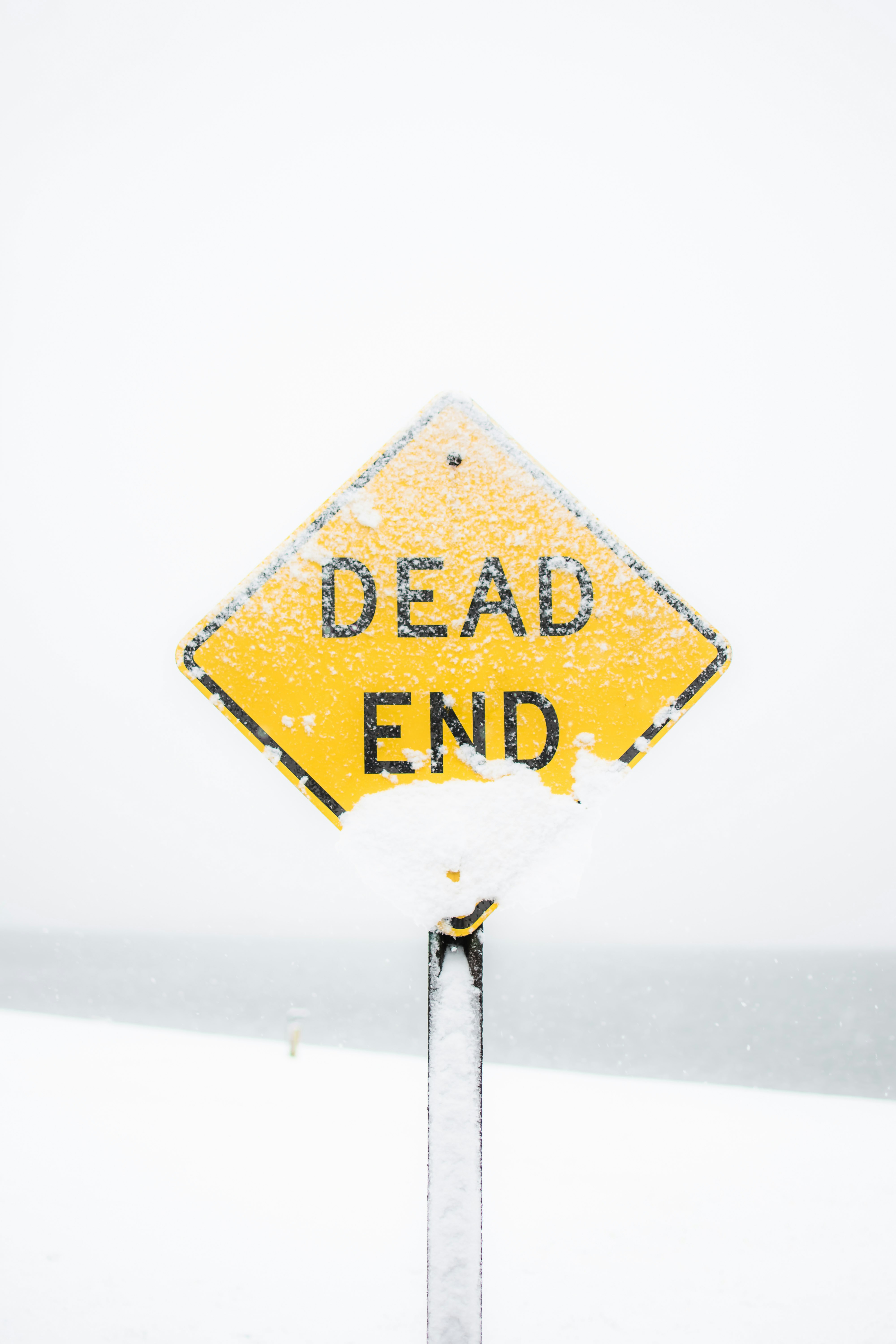 focus photography of dead end road sign covered with snow