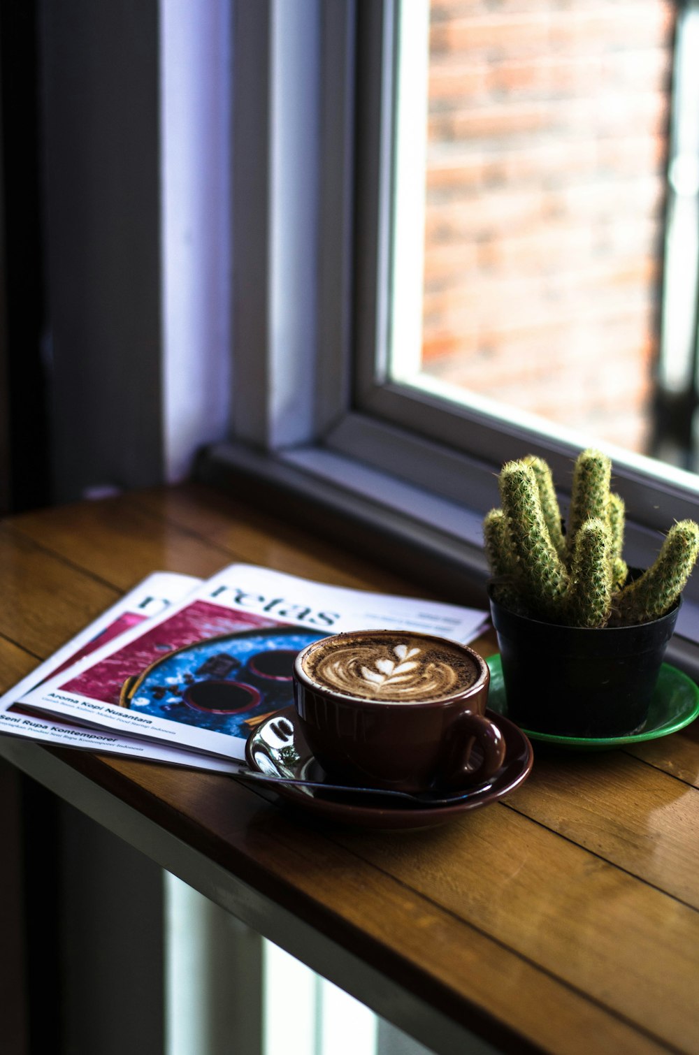 cactus verde accanto tazza in ceramica marrone con piattino