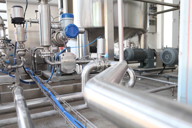 A complex network of industrial equipment featuring shiny metal pipes and machinery, including motors and valves. The setup appears to be part of a processing or manufacturing plant, highlighting various components and instrumentation involved in industrial operations.
