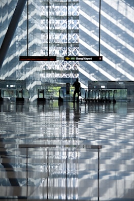 A modern airport terminal featuring large glass walls and strong geometric patterns from the sunlight filtering through. Escalators and information signs are visible, with a lone figure interacting with a digital kiosk. The reflective floor creates an illusion of symmetry and depth.