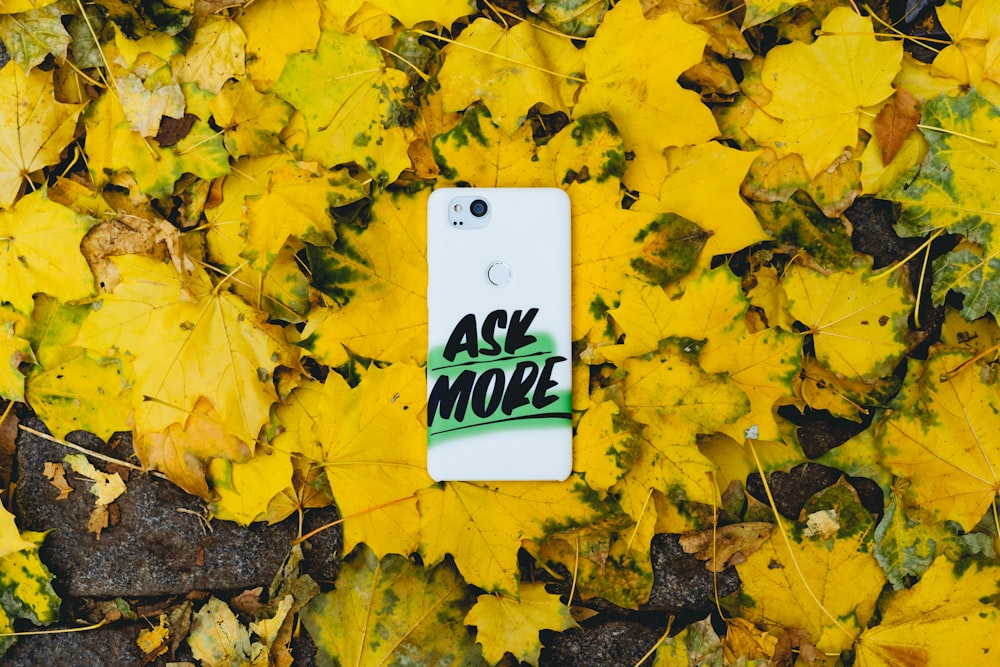 Teléfono inteligente blanco sobre hojas de arce amarillas