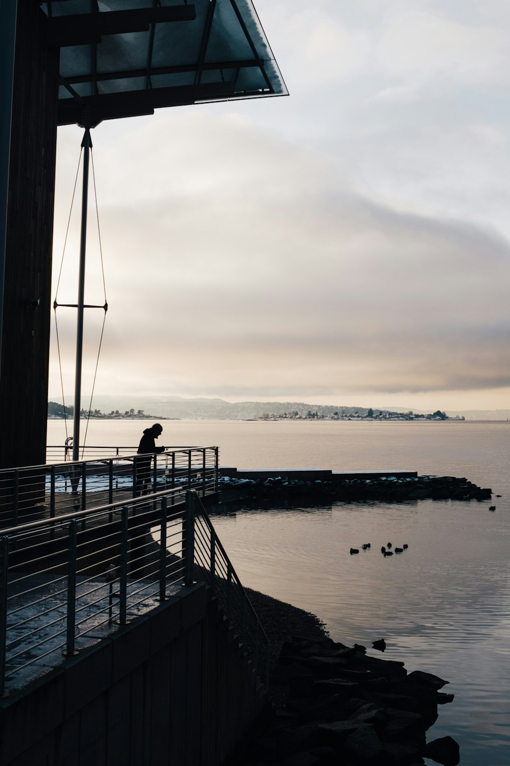 person standing on building balcony beside water