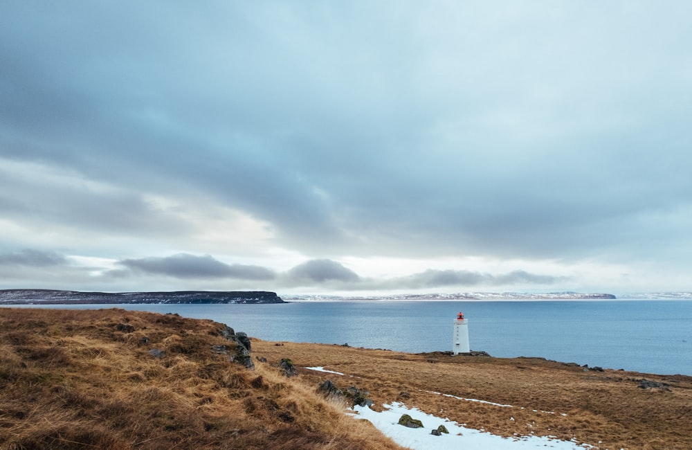 white lighthouse near sea and brown grass under white sky