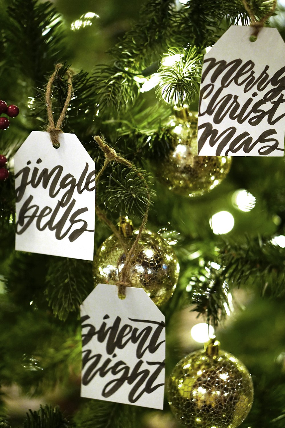 yellow string lights on Christmas tree