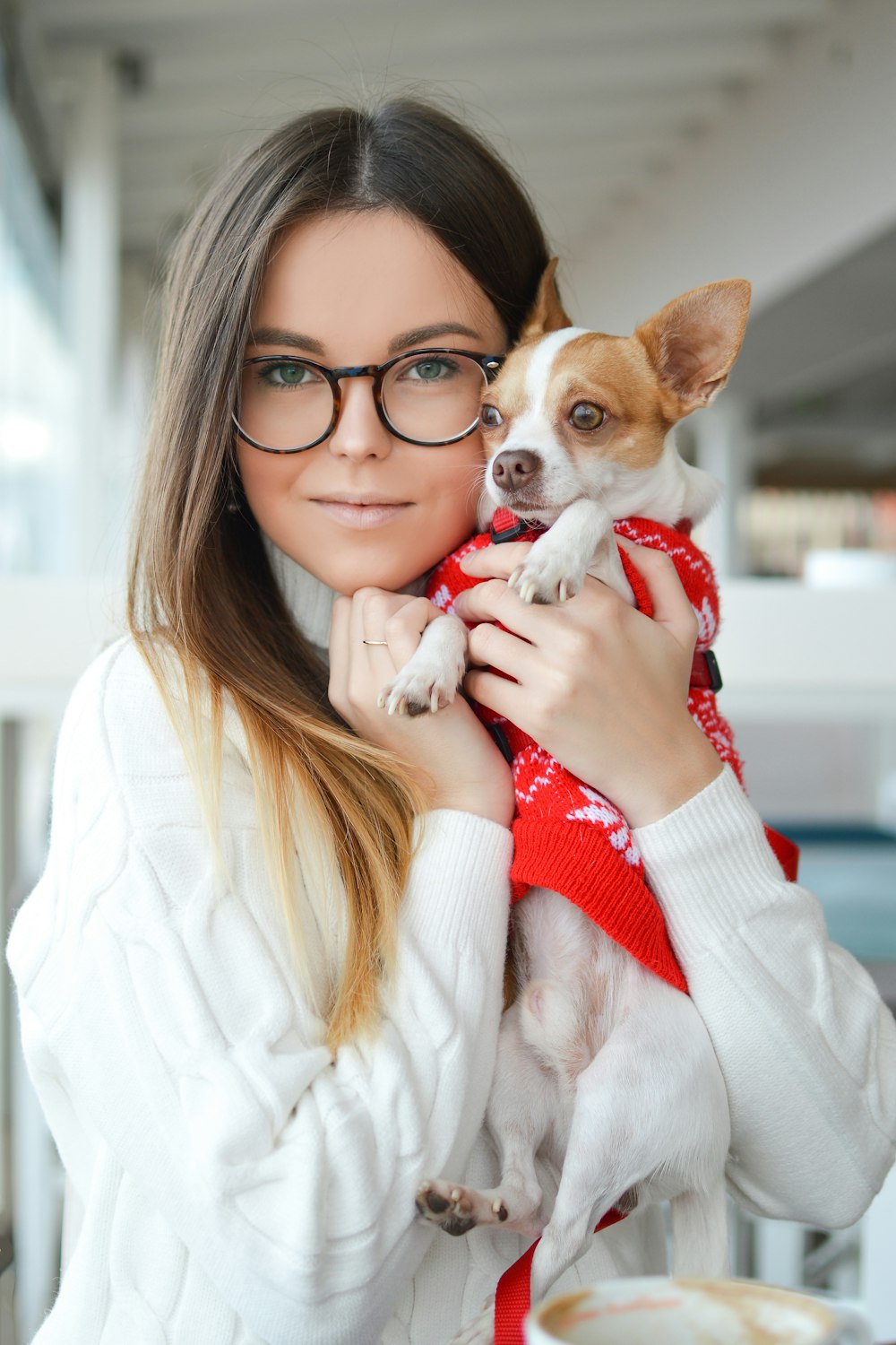 mulher vestindo suéter enquanto abraça Chihuahua