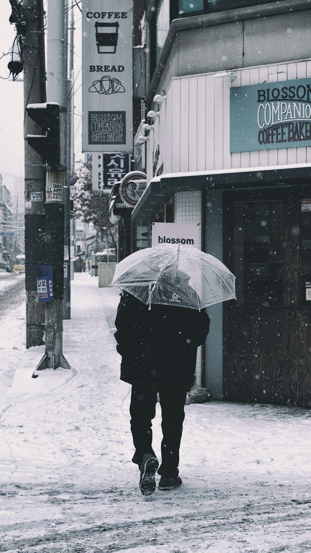 person under umbrella beside house