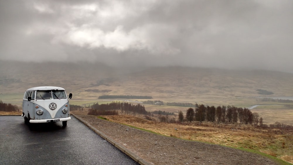 white and gray Volkswagen van on road beside grass at daytime