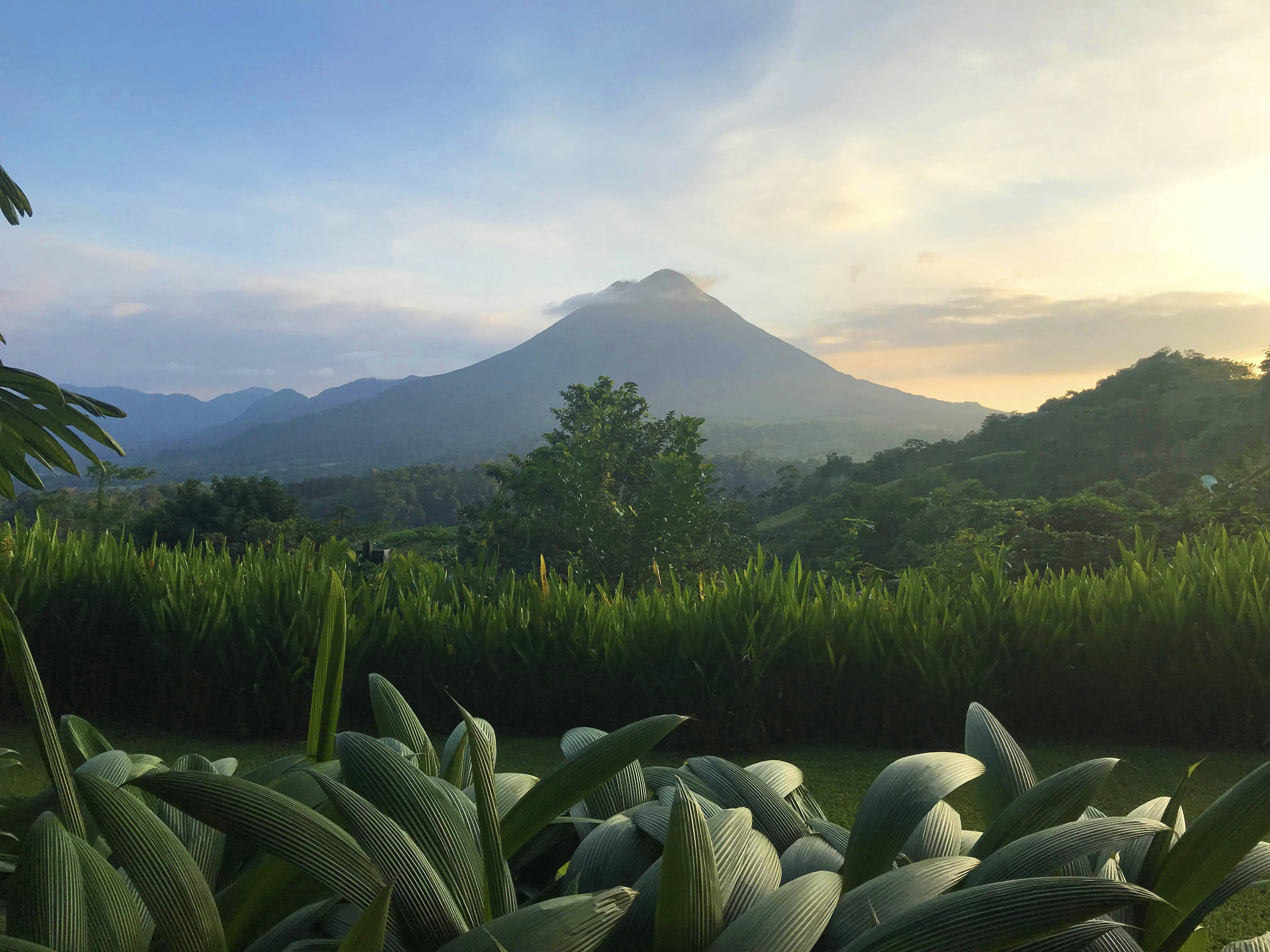 A serene view of Arenal Volcano framed by lush rainforest foliage under a vibrant sunset sky.