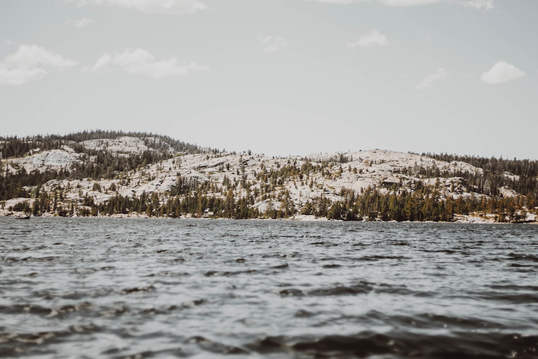 green trees on snow-capped hills near body of water at daytime