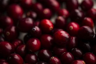 A close-up view of several fresh, smooth cranberries, with a glossy texture and deep red color. The berries are tightly packed together, filling the frame and emphasizing their round, plump shapes.