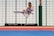 A martial artist performing a high kick in mid-air inside a dojo, wearing a white gi with a black belt. The background is a grid of translucent panels and training mats cover the floor.