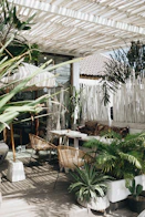 white table with brown wicker chair beside plants