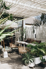 white table with brown wicker chair beside plants