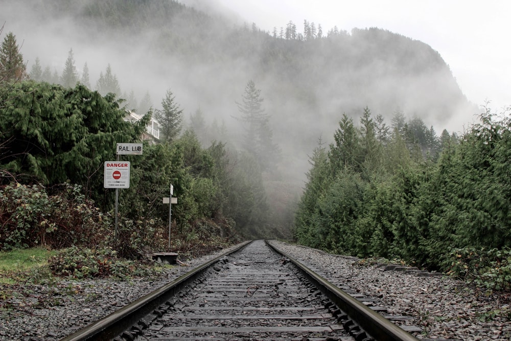 Ferrovia che porta alla montagna coperta di nebbie