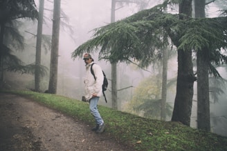 Close-up of a hiker wearing a weatherproof jacket, standing among tall pine trees with mist rising.