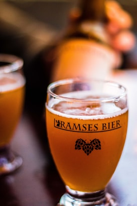 A glass of light amber beer sits on a table, filled with a frothy head. The glass is labeled 'Ramses Bier' with a small graphic of hops beneath the text. Another glass of beer is slightly blurred in the background, accompanied by a hand holding a bottle.