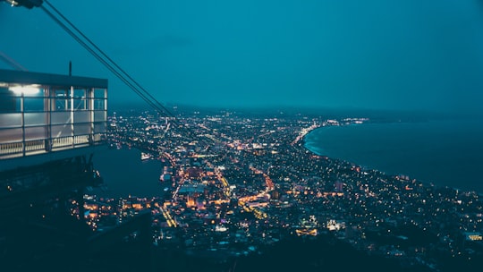 aerial photography of city buildings near body of water at night time in Hokkaido Japan