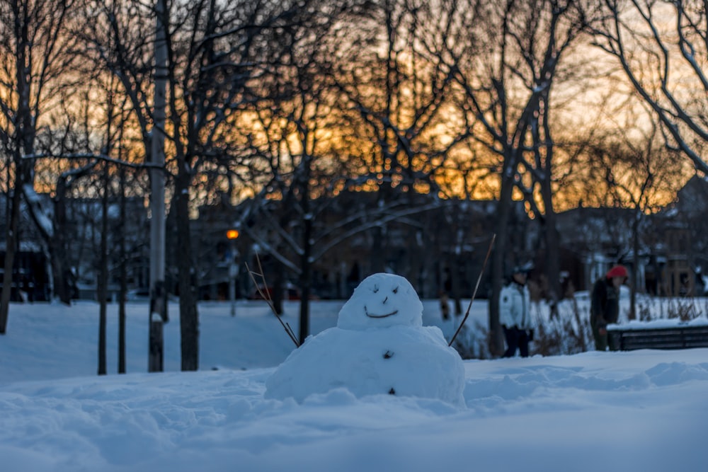 snowman near the people and trees at sunset